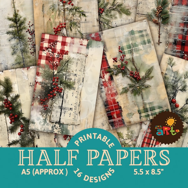 Christmas Holiday Plaid Rustic Collage Printable Junk Journal Half Papers for Book Making, Crafting, Cards and Scrapbooking Digital Kit