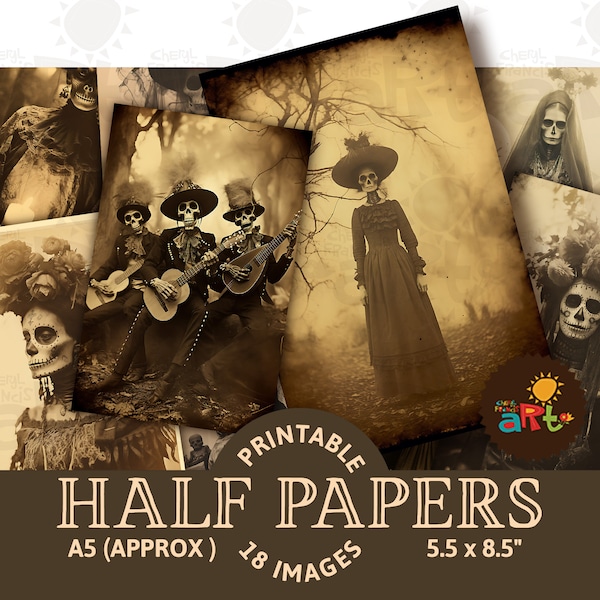 La Catrina and Friends Antique Photo Printable Junk Journal Half Papers, Scrapbook Resource, Digital Paper Kit, Cards, Craft and Book Supply