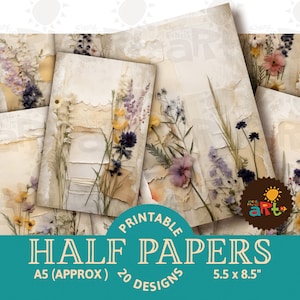 Schnittblumen auf Altpapier und Spitzencollage zum Ausdrucken, Junk Journal Halbe Papiere, für Scrapbooking, digitales Papier, Buch