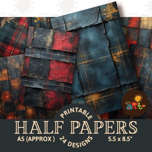 Junk Journal halbe Papiere, Dimensional Tartan Plaid druckbare Collage, Sammelalbum, Digital Kit, Karten, Buchseiten, Hintergrund, männlich