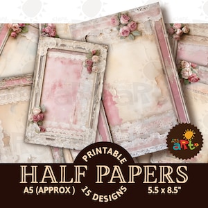 Shabby Lace ingelijst met rozen Afdrukbare collage Junk Journal Half Papers, rustiek, plakboek, papercraft, boek, decoupage, Digi Kit, sieraden