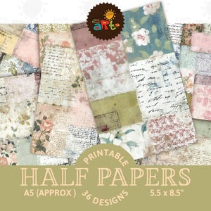 May include: A collection of printable half papers featuring 36 designs with vintage aesthetics, including floral patterns, cursive handwriting, aged textures, and lace motifs in muted tones of pink, green, and cream, labeled as A5 and 5.5 by 8.5 inches.