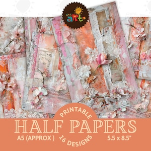 Ritagli floreali rosa e arancioni assemblati, stampabili, diario spazzatura, mezza carta, album di ritagli, carta artigianale, decoupage, libro, pagina, gioielli, uso commerciale POD