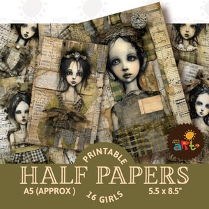 Shabby Girl Green Textile Ephemera Collage stampabile Junk Journal Half Papers, Scrapbook, Kit di carta, Biglietti, Artigianato, Libro