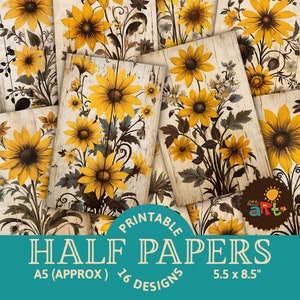May include: Printable digital paper pack featuring 16 designs of sunflowers on a woodgrain background. The papers are A5 size (approximately 5.5 x 8.5 inches).