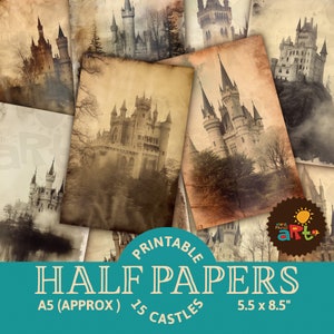 Könnte beinhalten: Druckbarer digitaler Papierpack mit 15 Bildern von Schlössern im Vintage-Stil. Jedes Bild ist etwa 14 cm x 21,5 cm groß und perfekt für Scrapbooking, Kartenherstellung und andere Bastelprojekte.