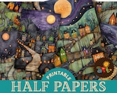 Whimsical Halloween Village Folk Art Paper Collage Printable Junk Journal Half Papers, Scrapbook, Card Digital Paper Kit, Craft, Book Page