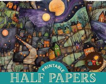 Whimsical Halloween Village Folk Art Paper Collage Printable Junk Journal Half Papers, Scrapbook, Card Digital Paper Kit, Craft, Book Page
