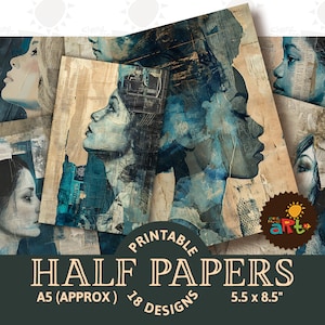 Junk Journal Half Paper, Profilo femminile blu su vecchie effimere, Collage stampabile, Album di ritagli, Kit digitale, Carta, Arte del libro, Gioielli, Decoupage