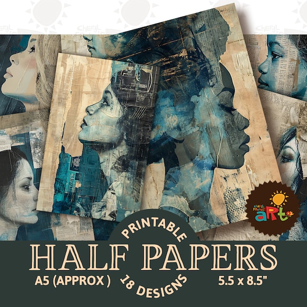 Junk Journal Half Paper, Blue Female Profile on Old Ephemera, Printable Collage, Scrapbook, Digital Kit, Card, Book Art, Jewelry, Decoupage