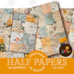 Kit digital de libro de fondo para manualidades, ATC, decoupage, collage, patchwork, amarillo, varios patrones, imprimible, diario basura, media página