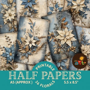 Demi-papiers imprimables de collage floral de vacances de Noël d'or bleu de journal pour la fabrication de livres, l'artisanat, les cartes et le kit numérique de scrapbooking