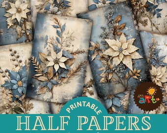 Blau Gold Weihnachten Urlaub Blumen Collage Printable Junk Journal Halbe Papiere für Buchgestaltung, Basteln, Karten und Scrapbooking Digital Kit