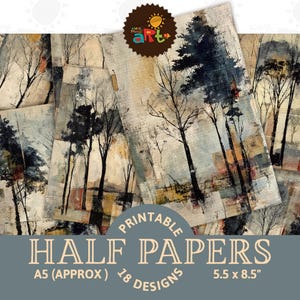 Könnte beinhalten: Eine Sammlung druckbarer Halb-Papiere mit abstrakter Baumkunst. Die Papiere haben eine Vintage-Ästhetik mit Beige-, Grau- und Schwarztönen. Die Papiere sind im A5-Format (ca.) und messen 14 x 21,6 cm. Der Text "Printable Half Papers" und "18 Designs" ist enthalten.