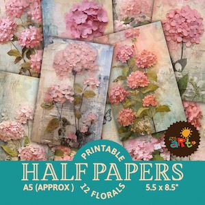 Rosa Hortensie Printable Junk Journal Papiere, Florale Kunst auf Ephemera