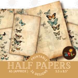Diario basura imprimible de estilo vintage con mariposas y vegetación dispersas, recurso para álbumes de recortes, kit de papel digital, tarjeta, manualidad, libro