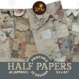 May include: Printable half papers with a vintage aesthetic. The design features a collage of fabric textures, floral patterns, and handwritten script. The papers are approximately 5.5 x 8.5 inches, with 20 designs.