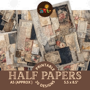 Puede incluir: Una colección de papeles a la mitad imprimibles de estilo vintage con un collage de patrones florales, encaje y texturas envejecidas. Los papeles miden aproximadamente 14 x 21,6 cm y presentan 20 diseños únicos. La imagen tiene una combinación de colores marrón y beige.