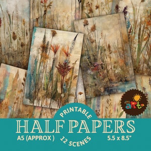 Borda do lago, papel de meio diário para impressão floral, tema country, página de verão para artesanato e diário de lixo, natureza