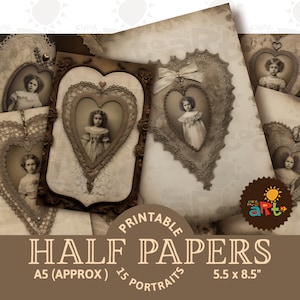 Marco de fotos con forma de corazón de papel sepia para imprimir en papel de diario basura, álbum de recortes, manualidades, manualidades con papel, páginas de libros, decoupage, kit digital