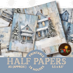 Colagem de recortes de casa de campo azul e branco de inverno, papel para impressão, meio diário de sucata, recurso de scrapbook, digital, cartão, artesanato, material para livros
