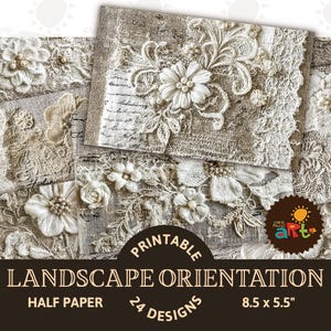 May include: A collection of printable paper designs in landscape orientation. The designs feature white floral lace and embellishments on a textured, neutral background. The paper size is 8.5 x 5.5 inches, with 24 designs available. The overall aesthetic is vintage and romantic.