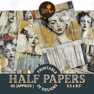 Disheveled Lady Portrait Papier Handwerk druckbare Collage Junk Journal Hälfte Papiere Scrapbook Digital Papier Kit Karte Buch Hintergrund Decoupage
