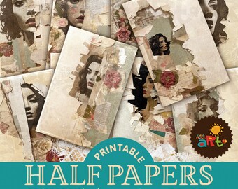 Puede incluir: Doce hojas de collage digitales imprimibles con rostros de mujeres de inspiración vintage con acentos florales. Las hojas están diseñadas en un estilo de papel envejecido y desgastado con bordes desgarrados. El texto "PRINTABLE HALF PAPERS A5 (APPROX) 12 DESIGNS 5.5 x 8.5" se muestra en la parte inferior de la imagen.