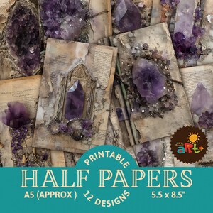 Verstreuter rauer Amethyst auf Scrap Ephemera Printable Junk Journal Half Papers, Seite zum Basteln, Karten und Buchmachen
