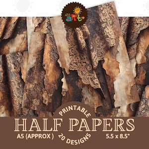 May include: A collection of printable half papers with a vintage aesthetic. The papers feature a distressed, textured design with brown and beige tones, and lace accents. The text "Printable Half Papers" is displayed, along with size and design details.
