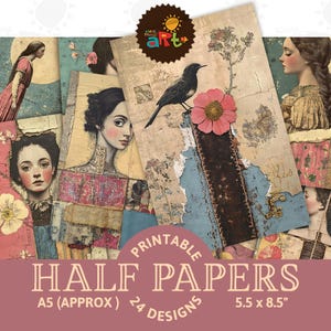 Collage assemblato con tecnica mista, colore vintage, stampabile, sfondo, diario spazzatura, mezza carta, album di ritagli, biglietti digitali, artigianato, decoupage