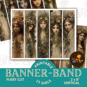 Verticale bloemen meisjesband pagina-decoratie, afdrukbare kranten voor ongewenste dagboeken, fee, dame, engel, labels, plakboekvoorraad, kieskeurige snijstroken