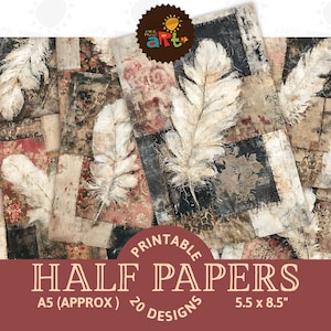 May include: A set of printable half papers with a vintage design. Each paper displays a large white feather over a patchwork of textured backgrounds in brown, black, and cream tones. The papers are approximately 14 x 21.6 cm.