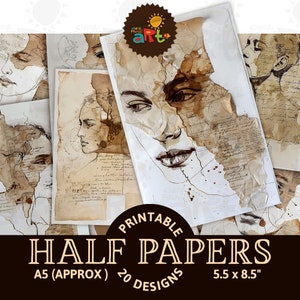 Retrato con manchas de café y escritura, imprimible, diario basura, medio papel, efímera, álbum de recortes, kit digital, fondo de página de libro, decoupage, manualidad