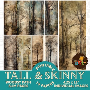 Tree Lined Path Collage Printable Tall Slim Junk Journal Papers for Book Making, Crafting, and Scrapbooking. Digital Paper Kit