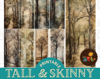 May include: 18 printable digital papers featuring tall, skinny, watercolor-style illustrations of trees and paths in a woodsy setting. The papers are 4.25 inches by 11 inches and are labeled "Tall & Skinny, Woodsy Path, Slim Pages".