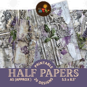 Papier collage violet, technique mixte, journal indésirable, demi-page imprimable et arrière-plan, papier numérique éphémère, kit de conception, création de cartes de découpage