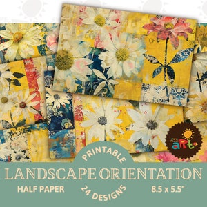 Arte de flores da primavera em colagem de natureza amarela para impressão, diário de lixo, meio papel horizontal, kit digital, artesanato, livro alterado, fundo de scrapbook