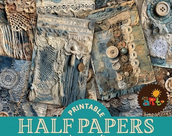 Textile Mix with Denim Collage Printable Junk Journal Half Papers