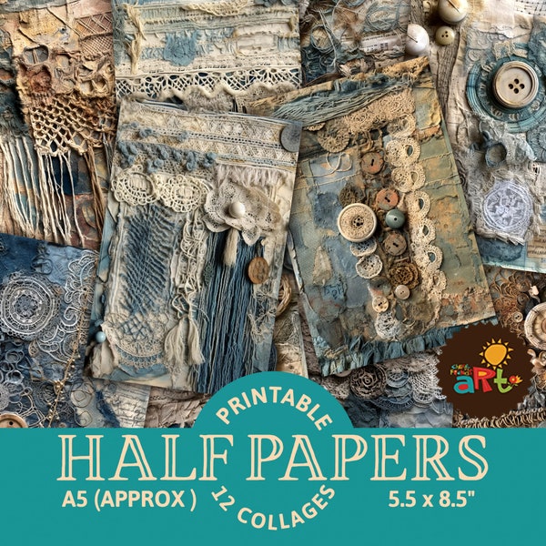 Textile Mix with Denim Collage Printable Junk Journal Half Papers