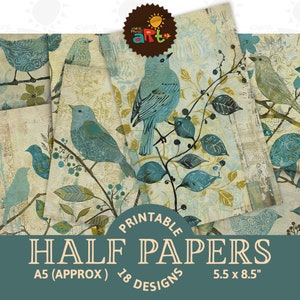 Volkskunst blauwe vogel met bloemen en bessen Afdrukbare ongewenste dagboek half papier plakboek Digitale Kit fotoboekpagina achtergrond decoupage ambachtelijke kunst