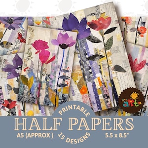 Collage de flores de papel con técnica mixta, imprimible, papel para diario basura, álbum de recortes, fabricación de tarjetas, manualidades, páginas de libros, decoupage, ensamblaje