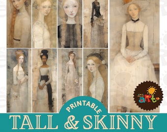 A Painted Picture of a Girl Printable Tall Slim Junk Journal Papers for Book Making, Crafting, and Scrapbooking. Digital Paper Kit