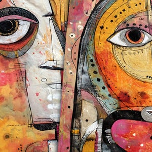 Pu&ograve; includere: Dipinto astratto di due volti con linee e colori audaci. I volti sono parzialmente oscurati, con un volto sul lato sinistro dell'immagine e l'altro sul lato destro. Il dipinto &egrave; realizzato in una variet&agrave; di colori, tra cui arancione, giallo, rosso, blu e nero.