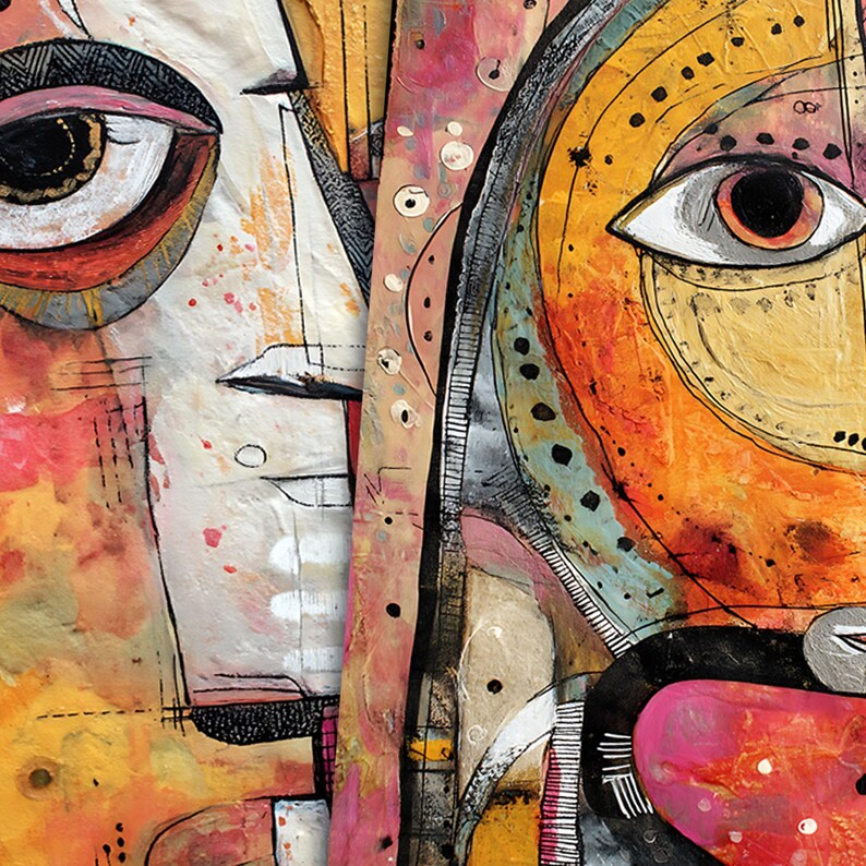 Pu&ograve; includere: Dipinto astratto di due volti con linee e colori audaci. I volti sono parzialmente oscurati, con un volto sul lato sinistro dell'immagine e l'altro sul lato destro. Il dipinto &egrave; realizzato in una variet&agrave; di colori, tra cui arancione, giallo, rosso, blu e nero.