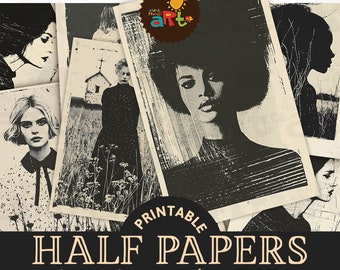 Black and Vintage White with Stylized Printers Half Tone Printable Junk Journal Half Papers, Scrapbook, Card, Book Pages, Authentic Page