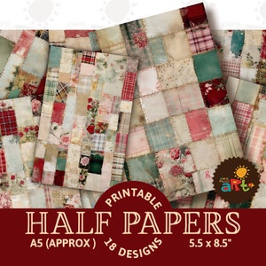 Kerstschroot Patchwork B-collage Afdrukbare Junk Journal Half Papers, plakboekhulpmiddel, digitale papierkit, kaarten, knutselen en boeken
