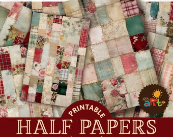 Christmas Scrap Patchwork B Collage Printable Junk Journal Half Papers, Scrapbook Resource, Digital Paper Kit, Cards, Craft and Book Supply