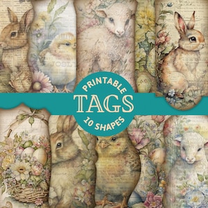 May include: Printable tags featuring a collage of Easter-themed images, including a lamb, a chick, a bunny, and floral designs. The tags are printed on a vintage-style background with text that reads "Printable Tags 10 Shapes".