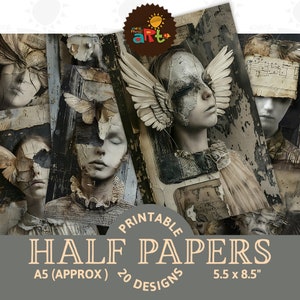 Primitives Portrait mit Flügel Gesicht Printable Junk Journal Halb Papier Ephemera Scrapbook Digital Kit Buch Seite Hintergrund Decoupage Handwerk Kunst